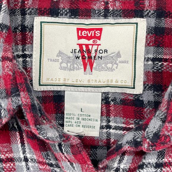 LEVIS Shirt Womens L Plaid Tweed Button Up Utility Elbow Patch Cotton Red VTG - Picture 5 of 12